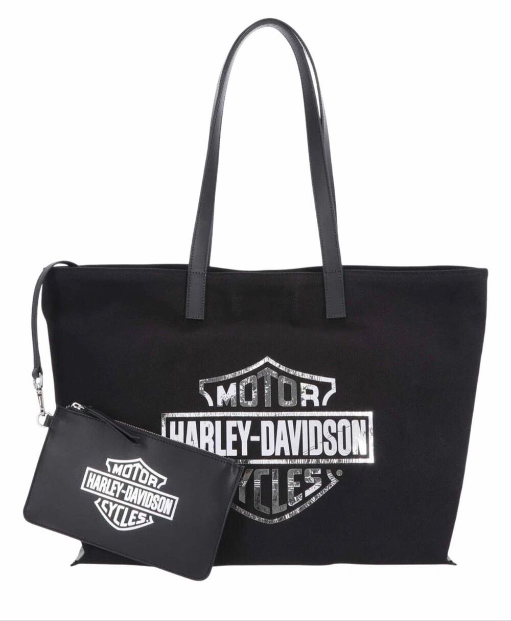 Harley-Davidson Cotton Canvas Mirror Tote Bag with Leather Pouch Black NWT